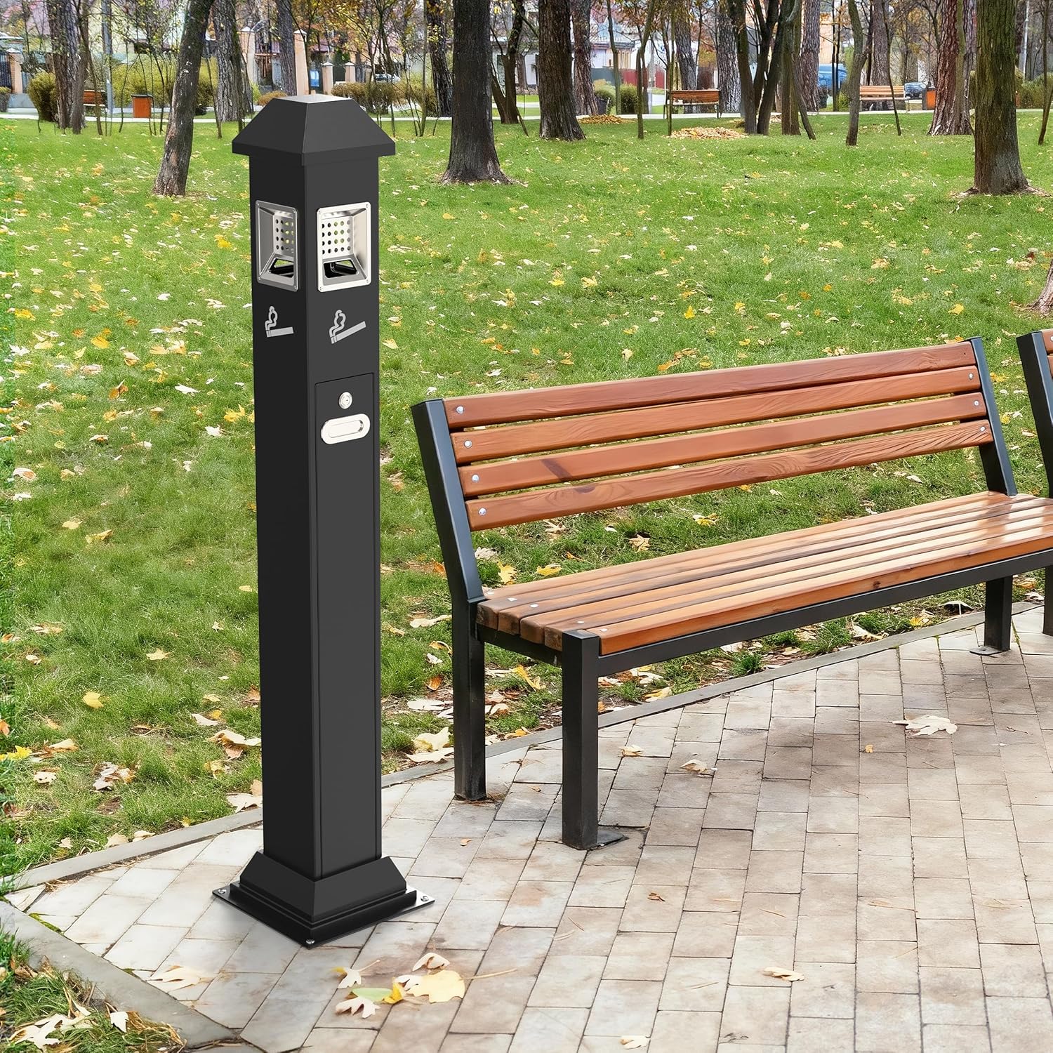 Black Commercial Outdoor Ashtray Metal Butt Container Butts Outpost Site Saver Receptacle Ash Disposal Outdoor Vertical Trash Can for Patios Gardens Hotels Pubs Offices