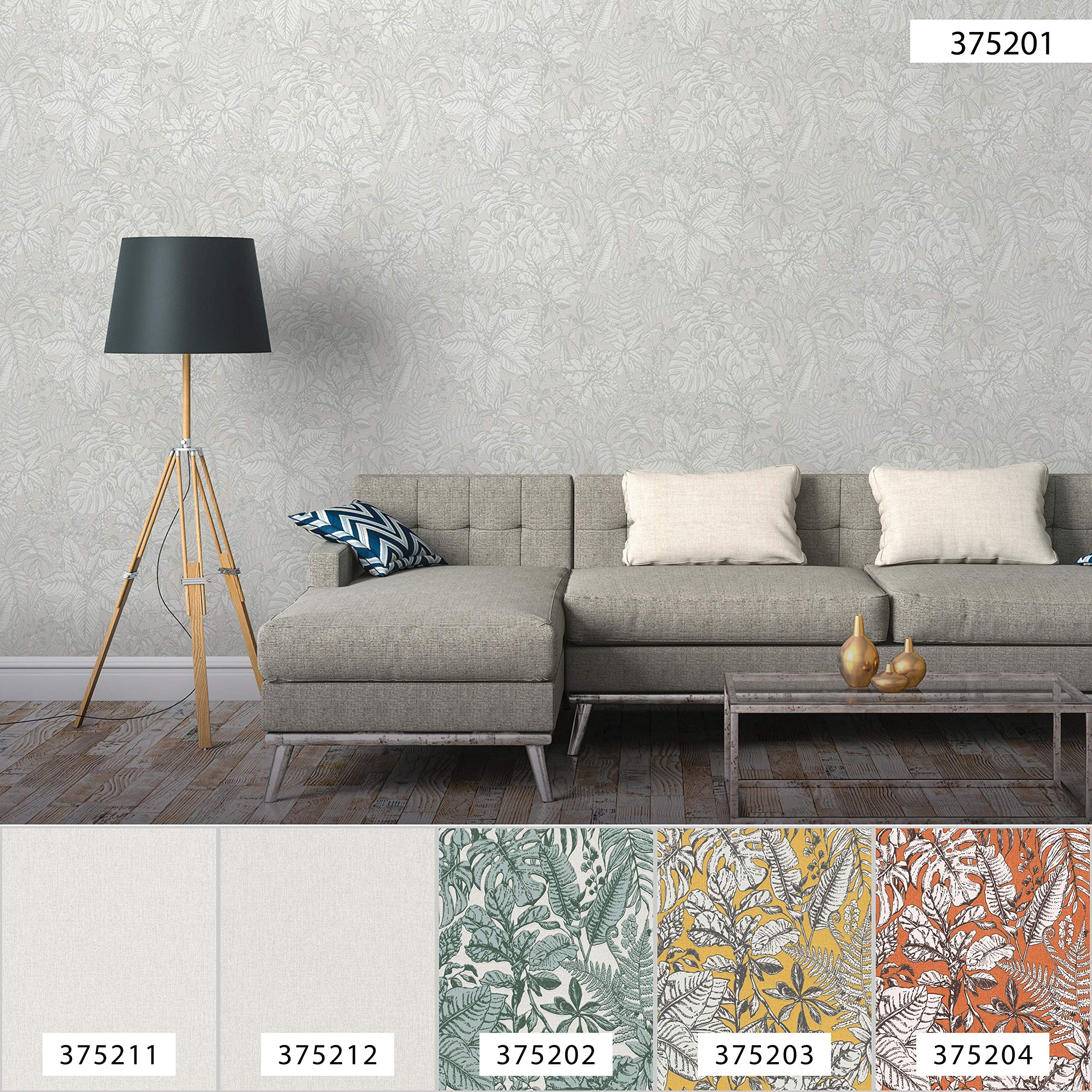 A.S. Création Papel Pintado Tropical Papel pintado tejido no tejido 10.05 m x 0.53 m Gris Blanco Fabricado en Alemania 375201 37520-1