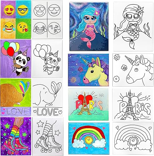 INDIGO ART STUDIO Paquete de 8 pinturas en lienzo de 8 x 10 para niños, unicornio, París, arcoíris, perro, sirena, patines, retro, globos de panda,