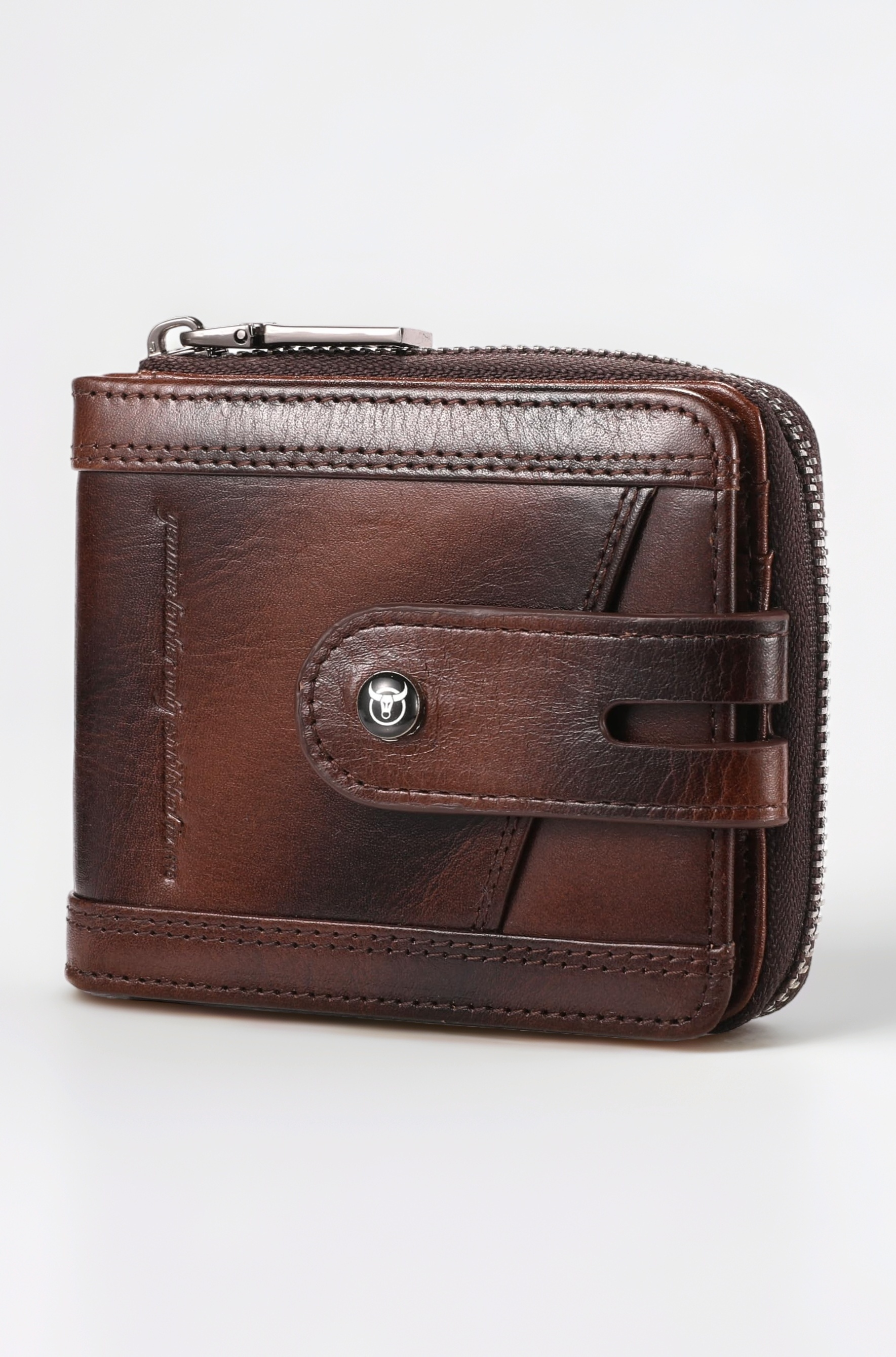 BULLCAPTAIN Genuine Leather Men's Wallet with Zipper Vintage RFID Blocking Large Capacity Wallet for Men with 14 Credit Card Slots and 1 ID Window, Brown