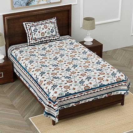 Fabroli Jaipuri Prints 160 TC 100% Cotton Single Bedsheet with 1 Pillow Cover | Breathable and Skin Friendly | (60x90) inch | Set of 1