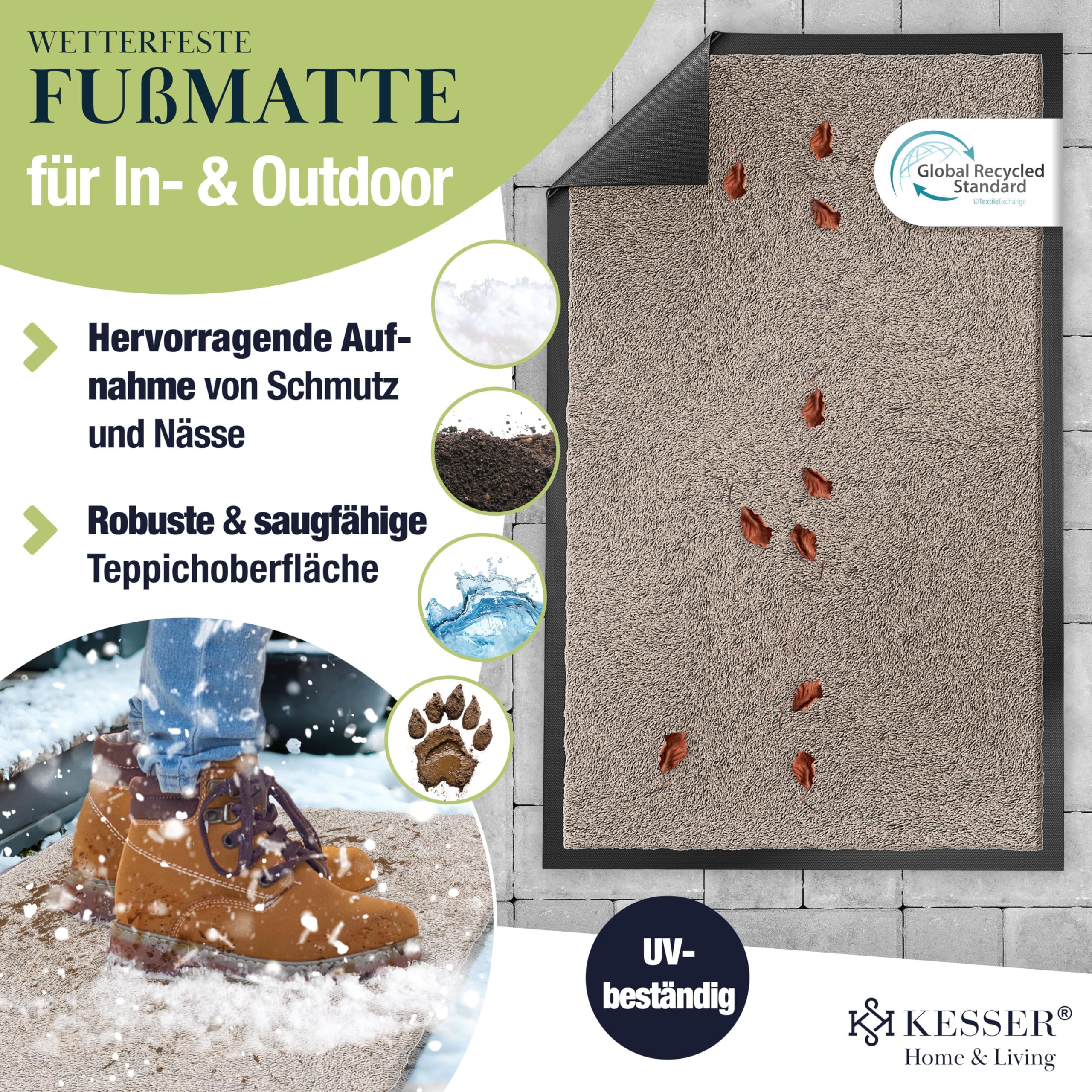 KESSER Zerbino antiscivolo, per interni ed esterni, lavabile e resistente alle intemperie, 7 mm di spessore e 3,2 kg/m², per ingresso della porta, tappeto per ufficio e antisporco, zerbino