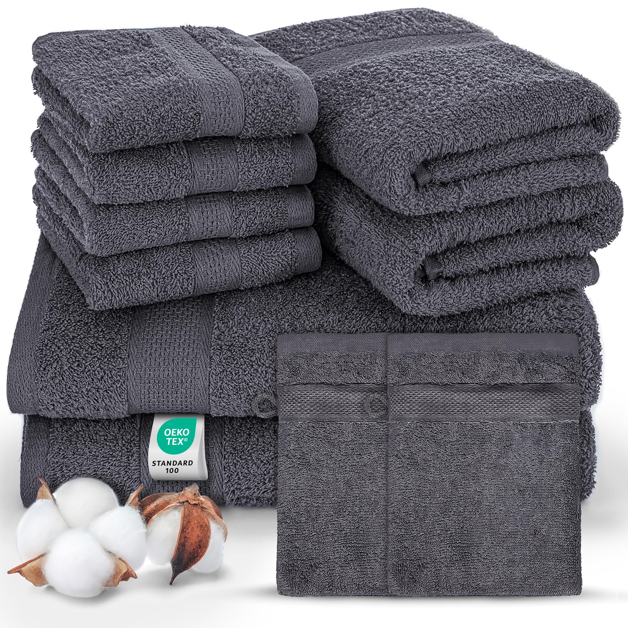 Premium 8-teiliges Handtuch Set mit Aufhängeschlaufe, 100% Baumwolle, Oeko Tex 100, 2 Handtücher 50x100cm, 2 Badetücher und 4 Waschlappen – sehr saugfähig und weiche Badezimmertücher