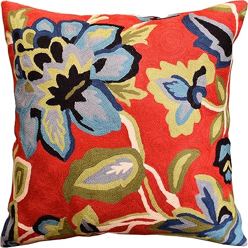Red Floral Pillow Cover Hand Embroidered Flower Throw Pillowcase Floral