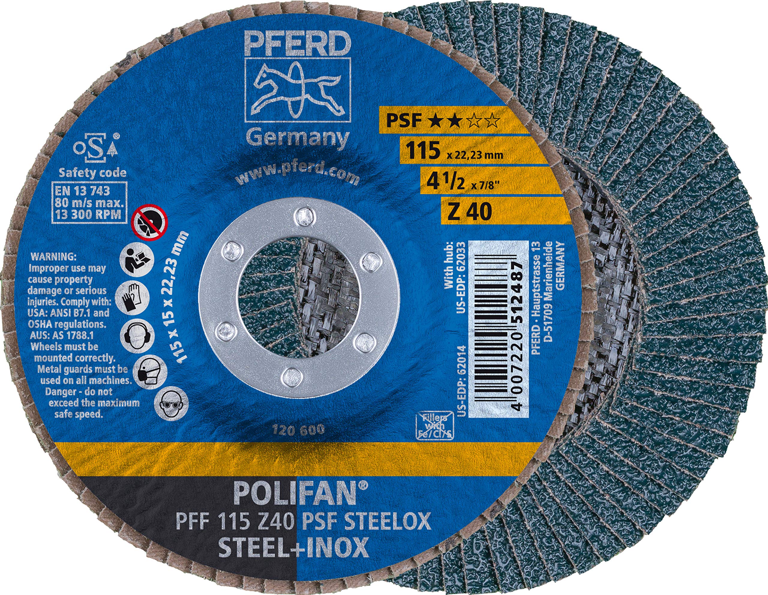 PFERD Polifan PSF Abrasive Flap Disc, Type 27, Round Hole, Phenolic Resin Backing, Zirconia Alumina, 4-1/2