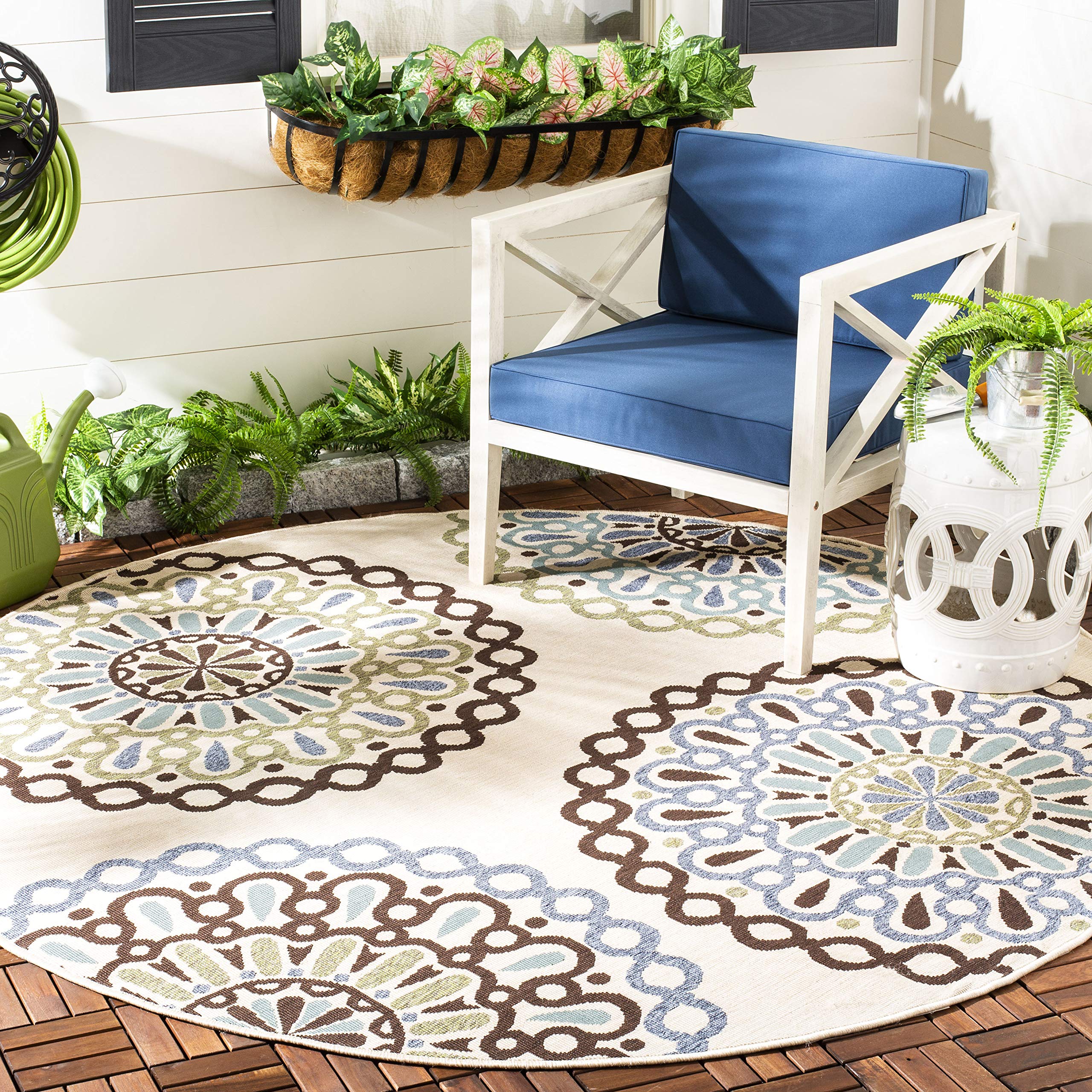 SAFAVIEH Washable Rug Outdoor Veranda Collection - 6'7" Round Cream & Blue, Non-Shedding & Easy to Clean, Ideal for Patio, Backyard, Mudroom (VER092-0615)