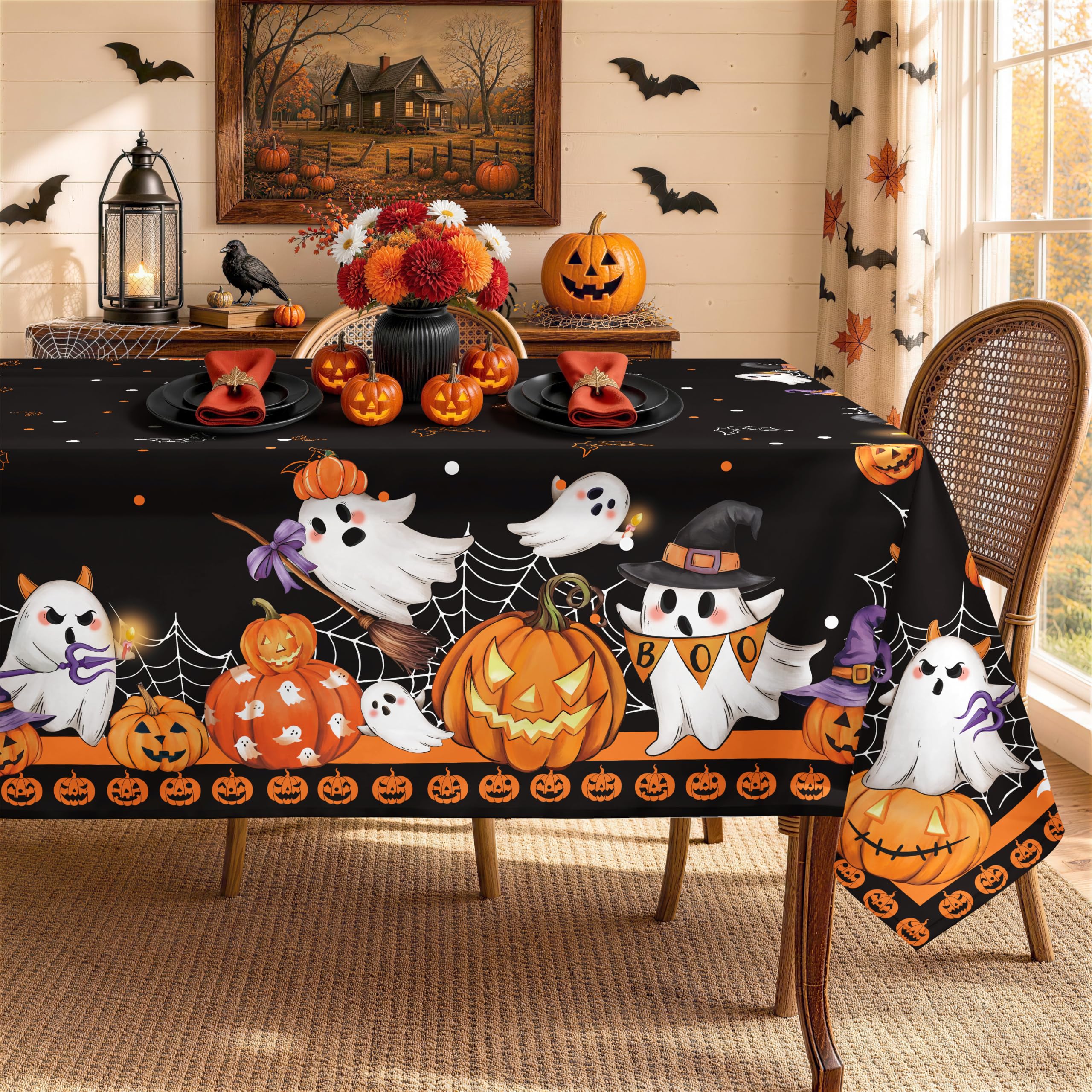Arquiel Halloween Ghost Pumpkin Tablecloth Waterproof, Black Orange Plaid Table Cloth Rectangle, Washable Table Cover for Halloween Party Home Kitchen Decoration (140x180cm)