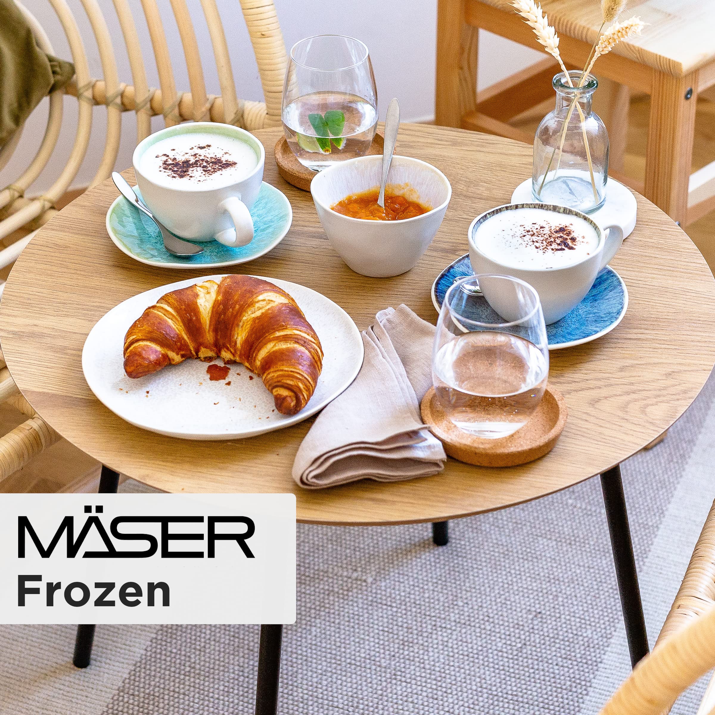 MÄSER Set di tazze da caffè con piattini per 4 persone in raffinata ceramica, tazze da cappuccino con smaltatura spruzzata, forme organiche in stile vintage