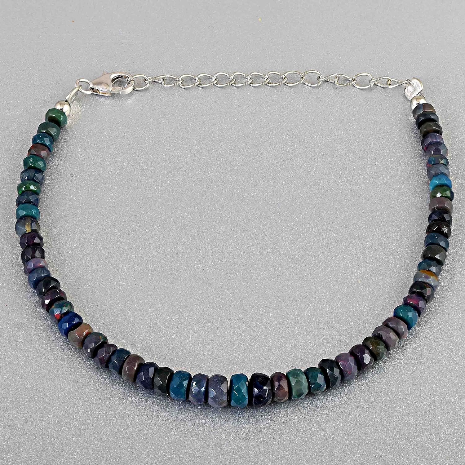 Natural Black Opal Faceted Bracelet, Multi Fire Ethiopian 925 Silver Jewelry, VN 556