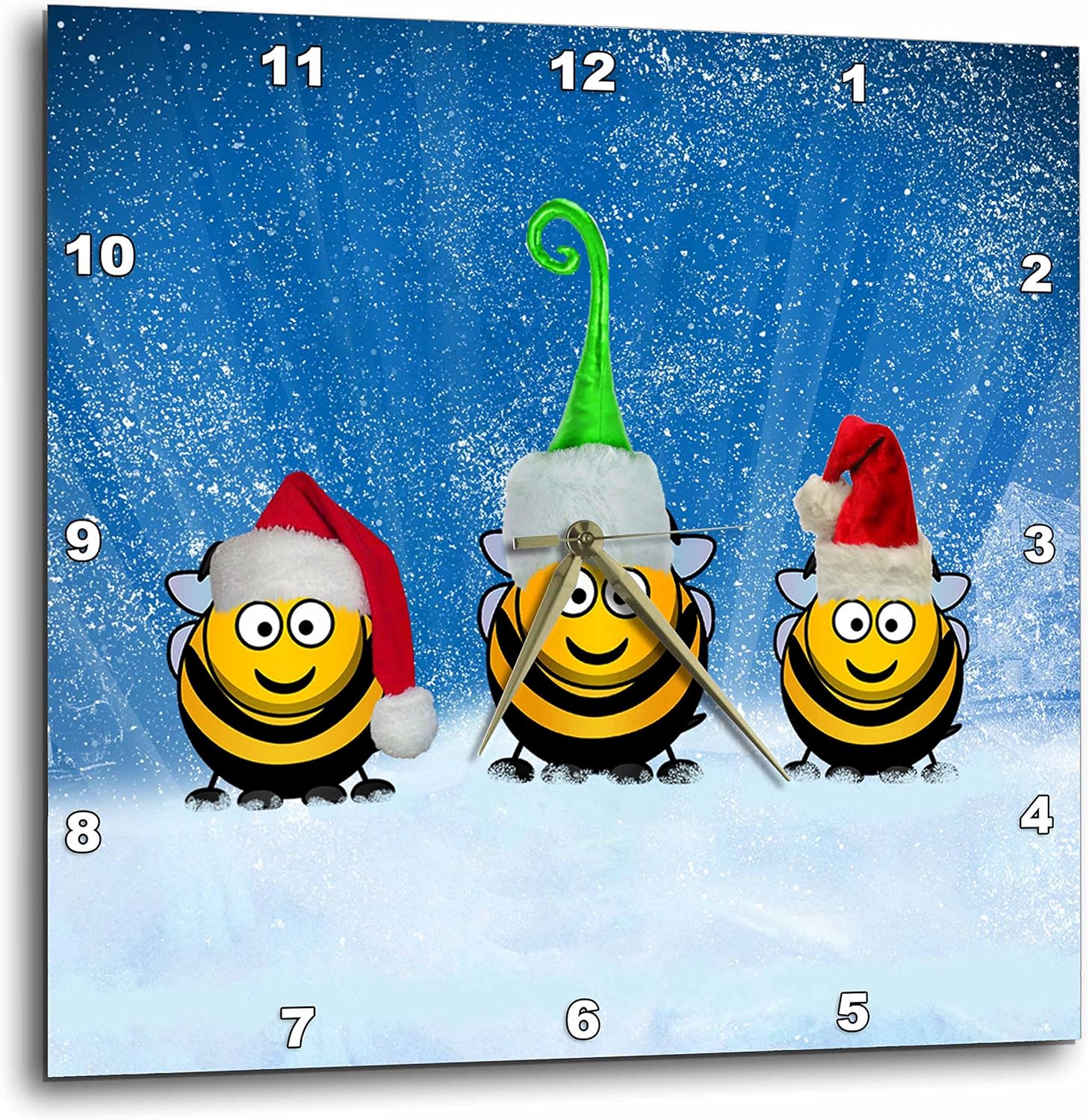 3D Rose Three Cartoon Honey Bees Wearing Santa Hats in The Snow Wall Clock, 15" x 15"