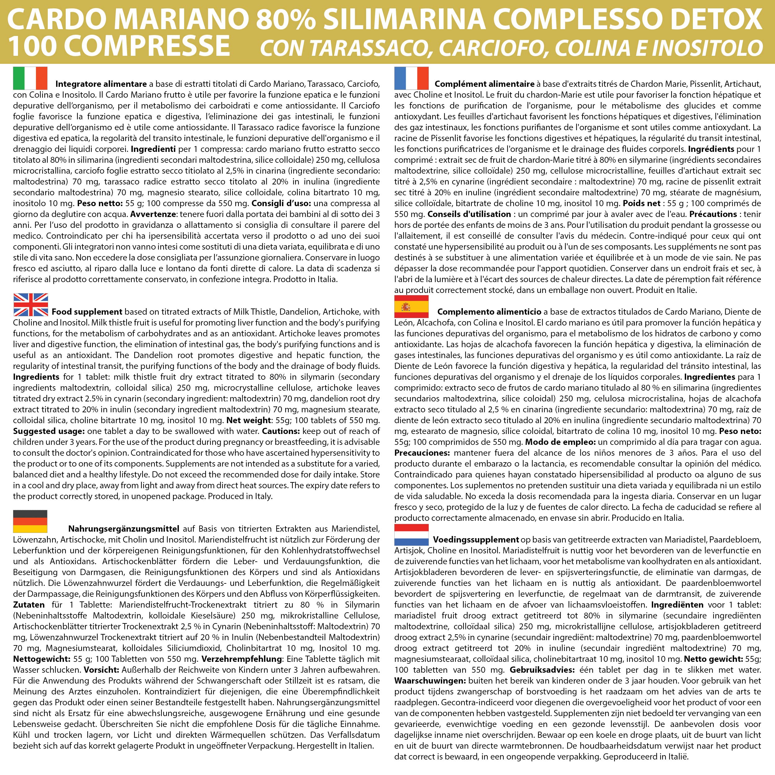 Cardo Mariano 80% Silimarina Complesso Detox 200 Compresse 1 al dì | con Tarassaco Carciofo Colina Inositolo | Senza Glutine | Depurativo Fegato LABOTTEGADEGLIINTEGRATORI