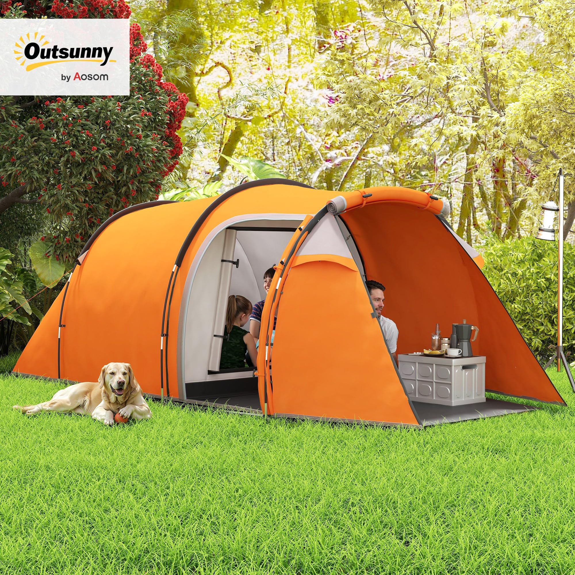 Outsunny Tunnelzelt für 2-3 Personen, Campingzelt mit Vorraum Lampenhaken 2000mm Wassersäule, Wasserdicht Familienzelt, Gruppenzelt für Camping Reise Trekking Garten