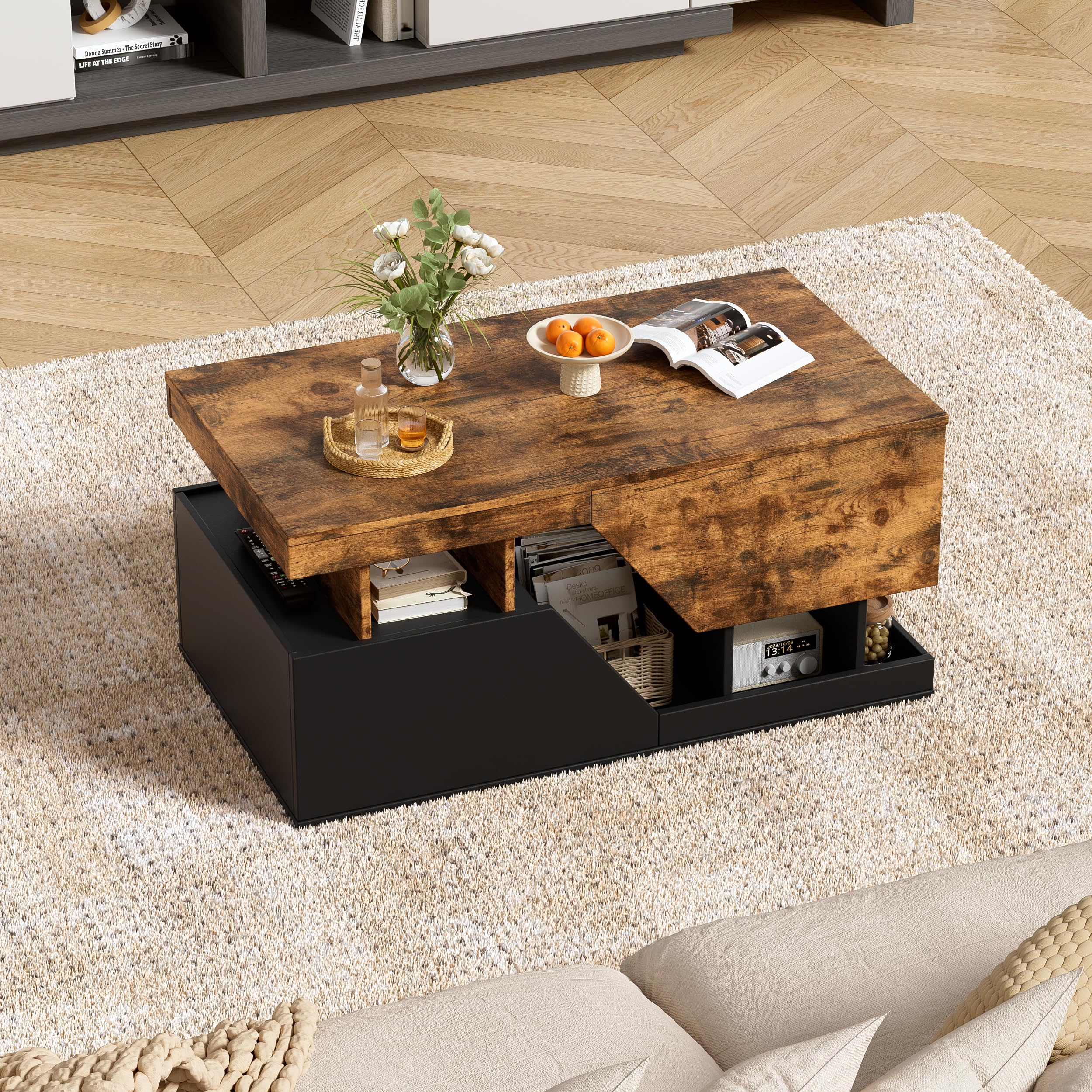 MSFE Couchtisch LED, Wohnzimmer Möbel mit 4 Schubladen und Offener Lagerraum, Couchtisch mit stauraum, Sofa Tisch, Wohnzimmertisch für Wohnzimmer/Esszimmer, Wohnzimmermöbel,Zwei Pakete