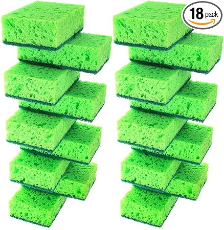 Okleen Green Multi Use Scrub Sponge. Made in Europe. 18 Pk, 4.3x2.8x1.4 inches. Odorless Heavy Duty and Non Scratch Fiber. Thick, Durable and Delicate Scrubber for Pans, Bowls, Jars, Sink, Floor