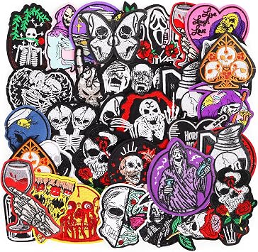 KINGSOW Skull Embroidered Iron-on Patches 32pcs Assorted Colorful Series Cool Goth Punk Style Sew-on Repair Decorative Patch Applique for Jackets Jean Clothing Backpacks