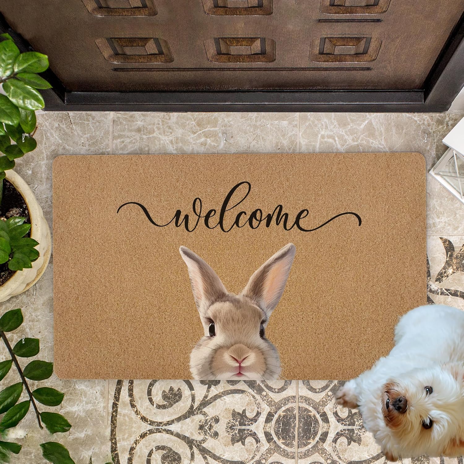 Easter Bunny Rabbit Door Mat, Easter Bunny Welcome Front Door Mat Outside Entrance, Farmhouse Rabbits Artificial Coir Doormat Rugs for Indoor Patio Porch Entryway Entry, 17x30 Inch
