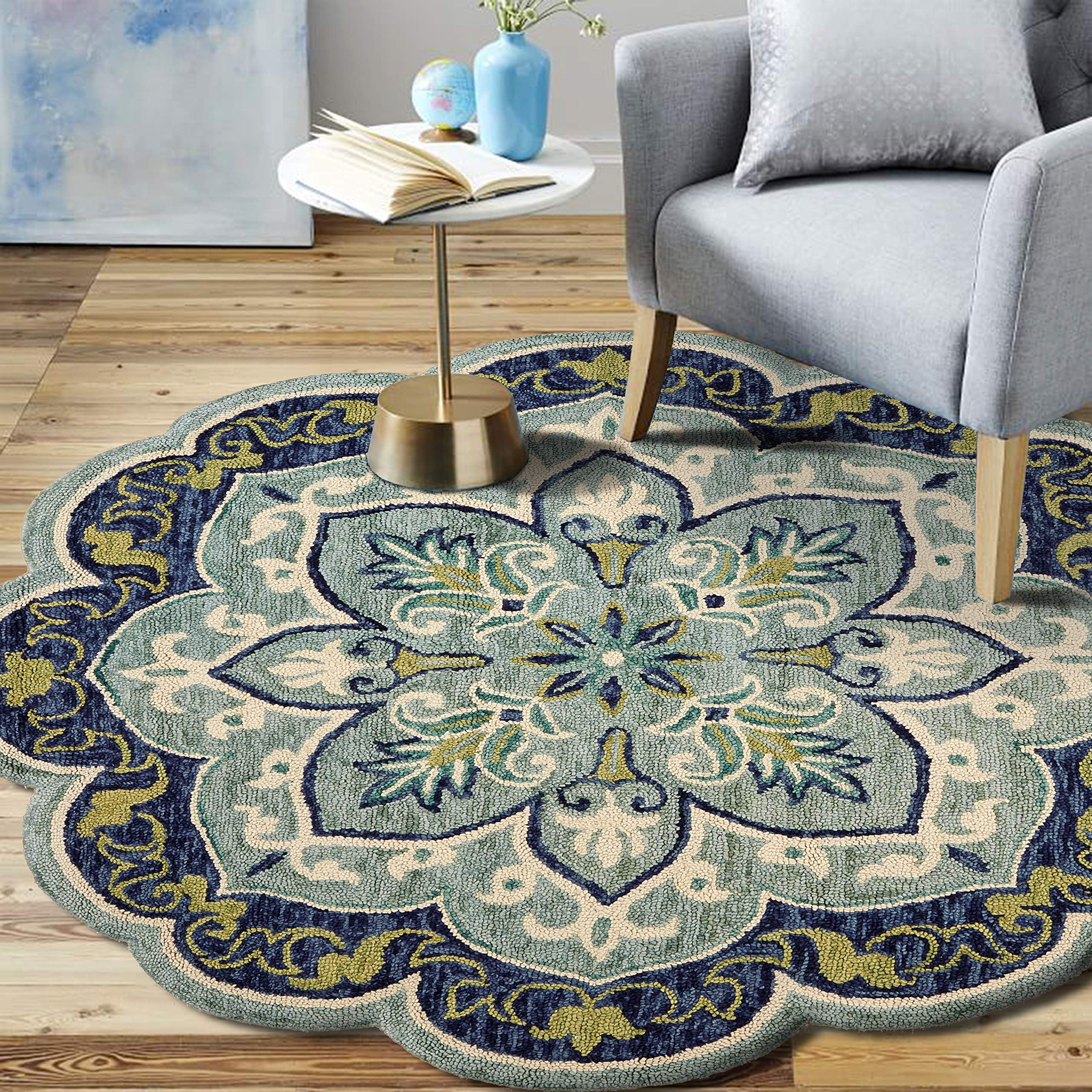 LR Home 4ft Round Indoor Wool Area Rug for Home Decor | Rugs for Living Room, Bedroom, Playroom, Entryway, Office | Hand Woven Modern Farmhouse Large Boho Area Rug for Room Decor | Teal/Multicolor