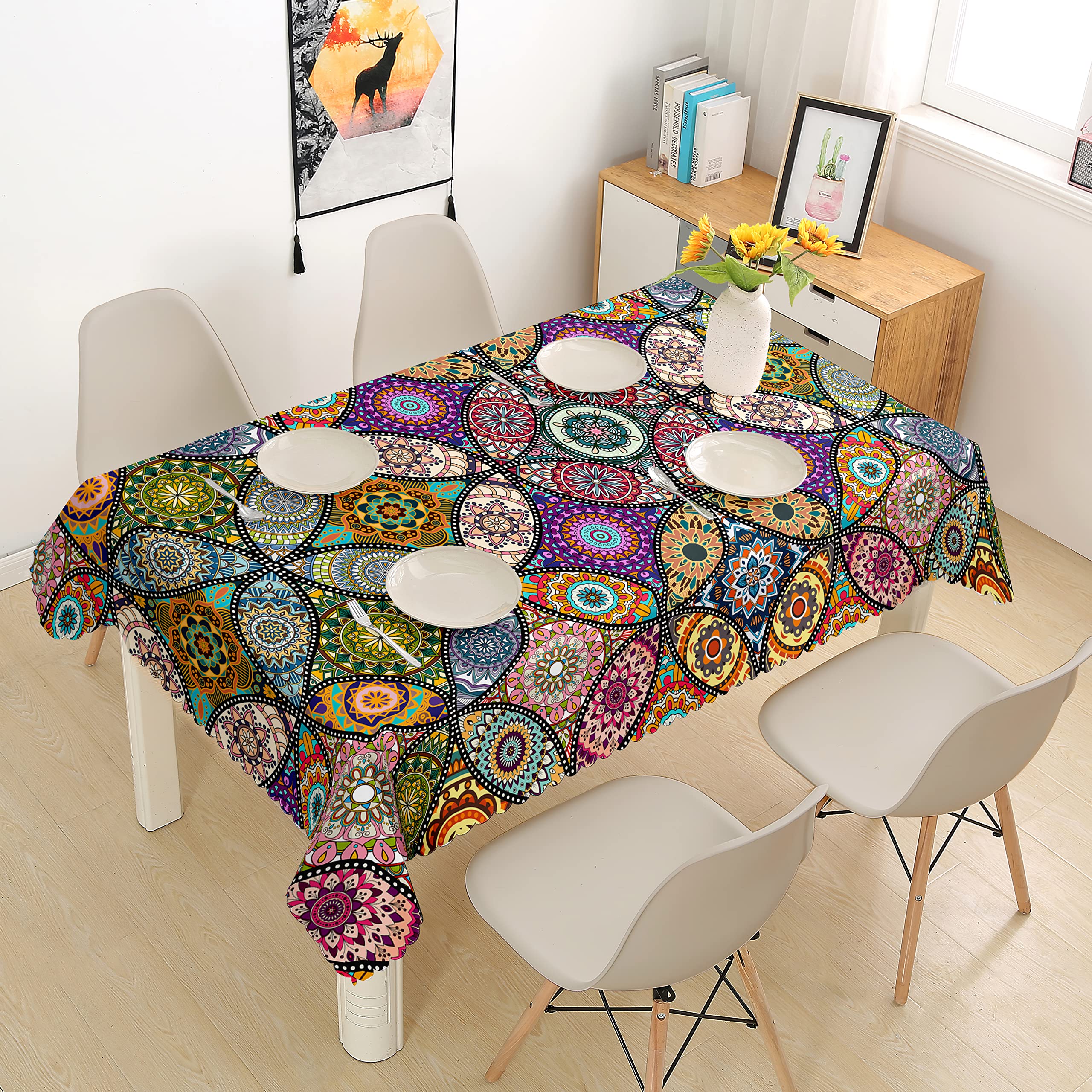 Tovaglia in Cotone e Lino Anti Macchia,Arcobaleno vintage, carnevale pubblicità a tema linee colorate e stelle sfondo g,Tovaglia per Tavolo Rettangolare Decorazione Domestica della Cucina (140x200 cm