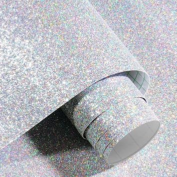 Decotalk Peel and Stick Wallpaper Glitter 17.7"x200" Silver Glitter Wallpaper Holographic Glitters Wall Paper Removable Silver Contact Paper Holographic Glitters Sparkle Durable for Craft Decor