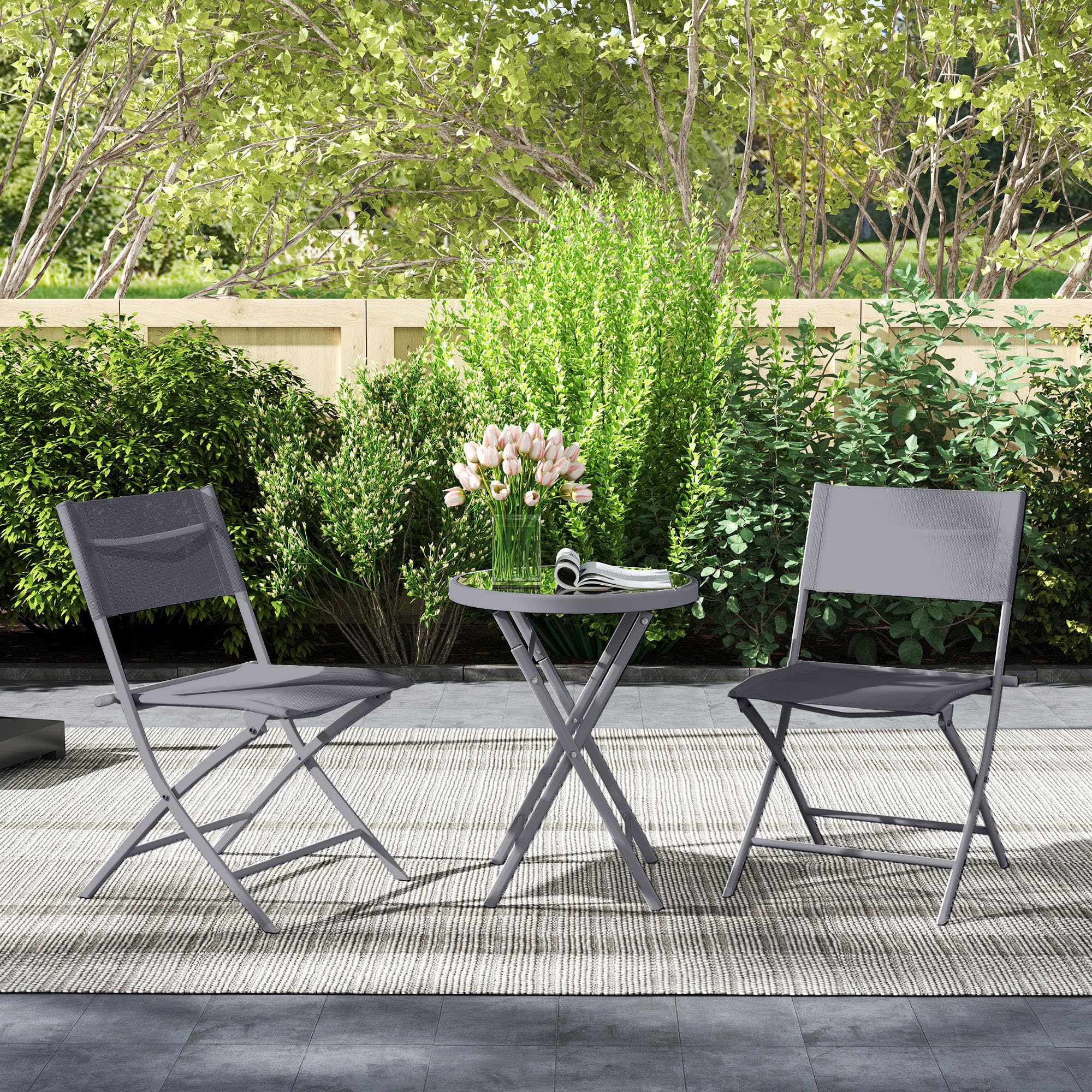 Outsunny Ensemble de bistrot 3 pièces Pliable en métal, 2 chaises et 1 Table Ronde, Salon de Jardin extérieur 2 Personnes, Table de Jardin extérieur avec chaises pour Jardin, terrasse, Balcon, Gris