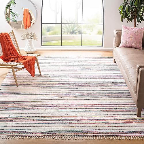 Miniatura 1 de SAFAVIEH Rag Rug Collection - Alfombra de área de 5 x 8 pies, color marfil y multicolor, hecha a mano, de algodón a rayas, ideal para zonas de alto