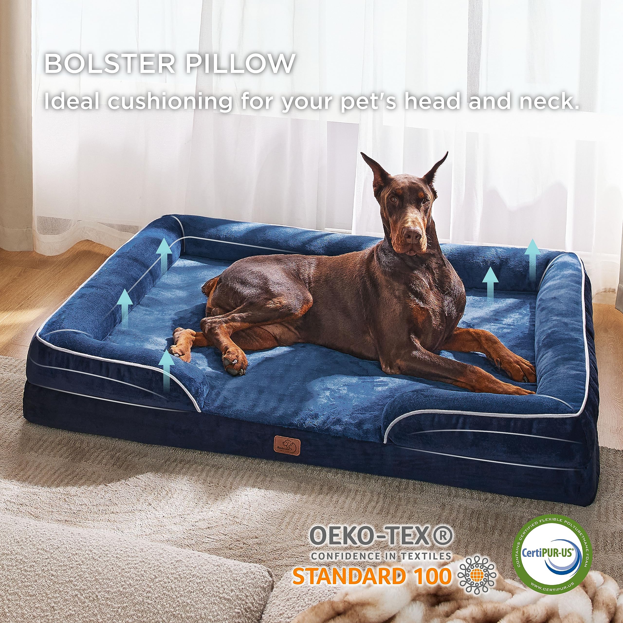 Bedsure Letto per Cani Grande 134x106x20cm - Divano per Cani Taglia Grande in Uovo Foam, Colore Blu, Cuscino per Cani Sfoderabile e Lavabile