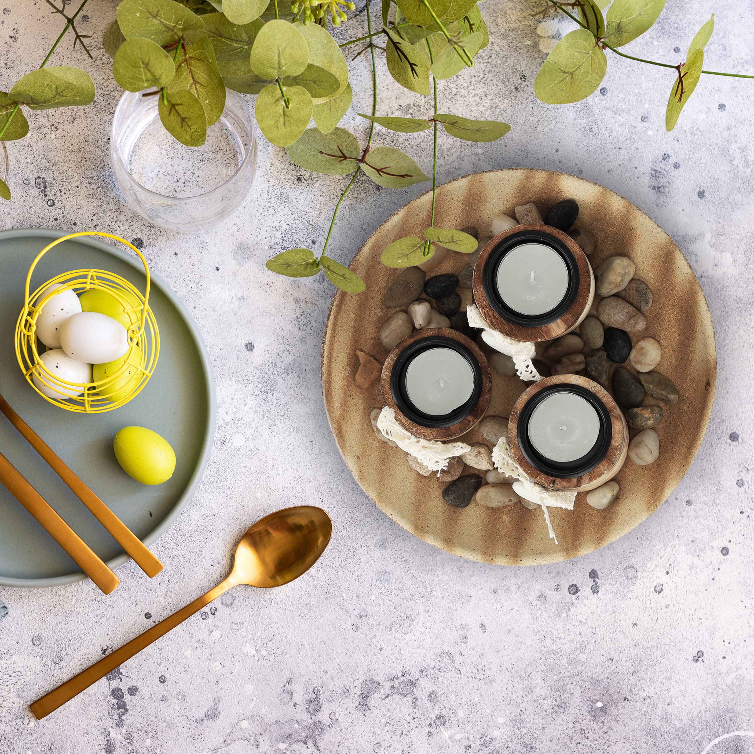Relaxdays Portacandele, Vassoio e Vasetti, Centrotavola Rotondo, 3 Candeline, Legno di Pino, Cuori, D 21,5 cm, Naturale