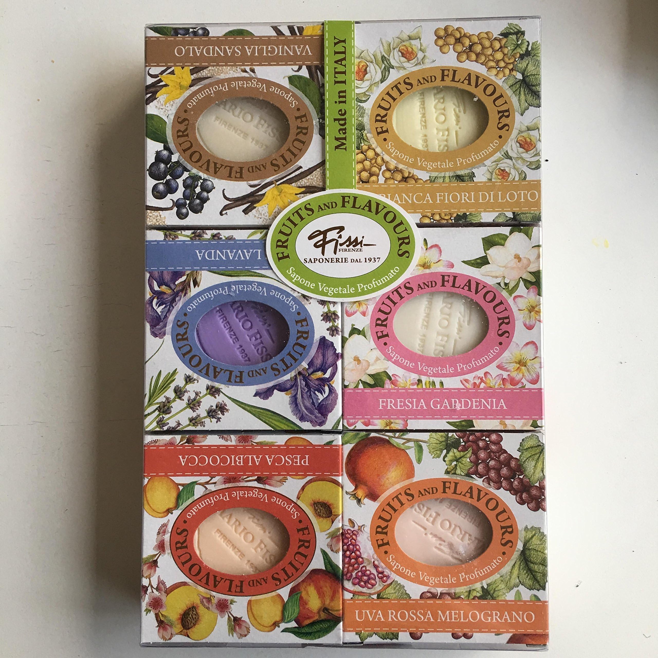 Fissi Firenze FRUITS & FLAVOURS sapone vegetable profumato 6 X 3.5 Oz. From Florence Italy luxury Italian soap gift pack