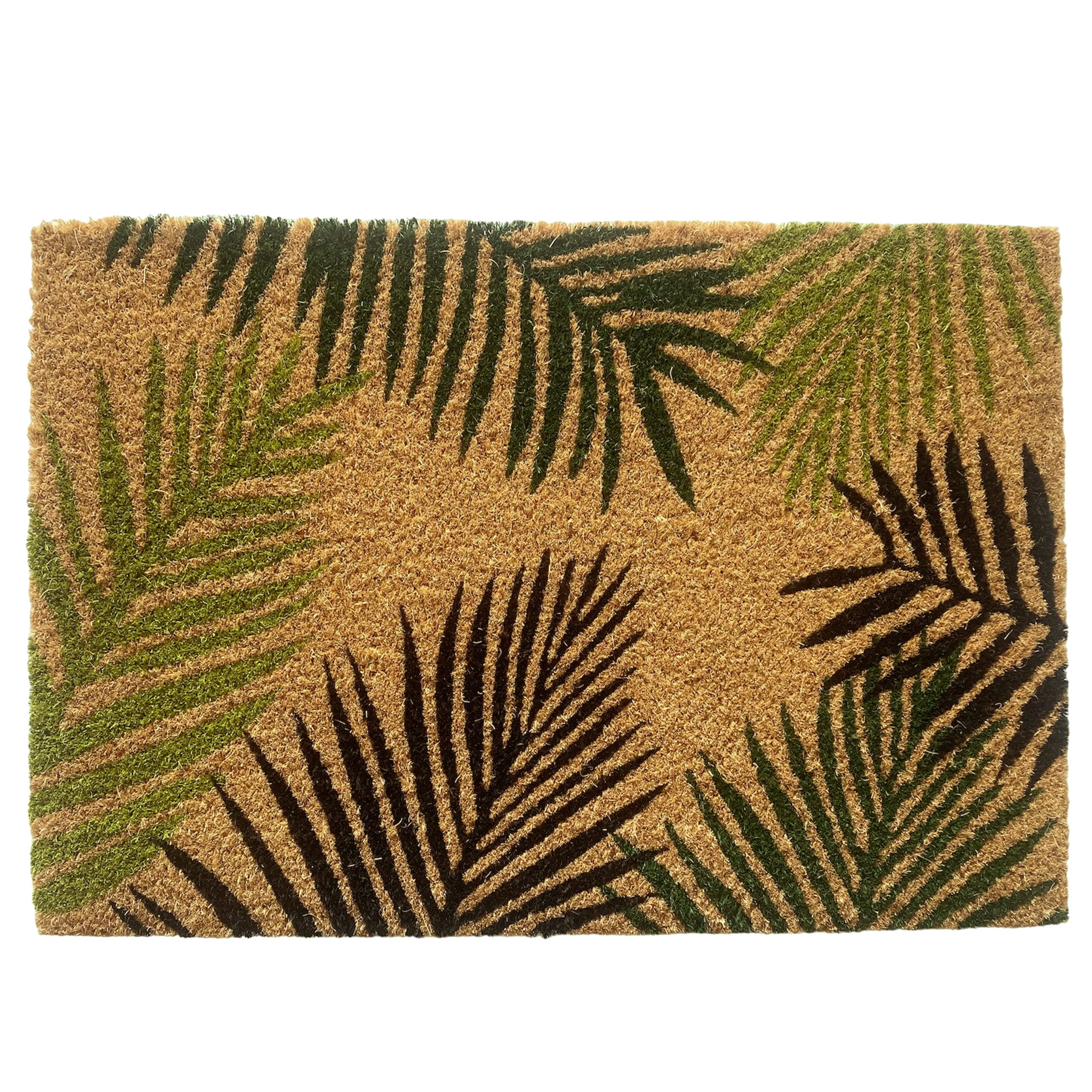 Teppich-Traum Egzotyczna wycieraczka do butów kokosowych | wytrzymała i trwała | liście palmy w kolorze zielonym, 45 x 75 cm