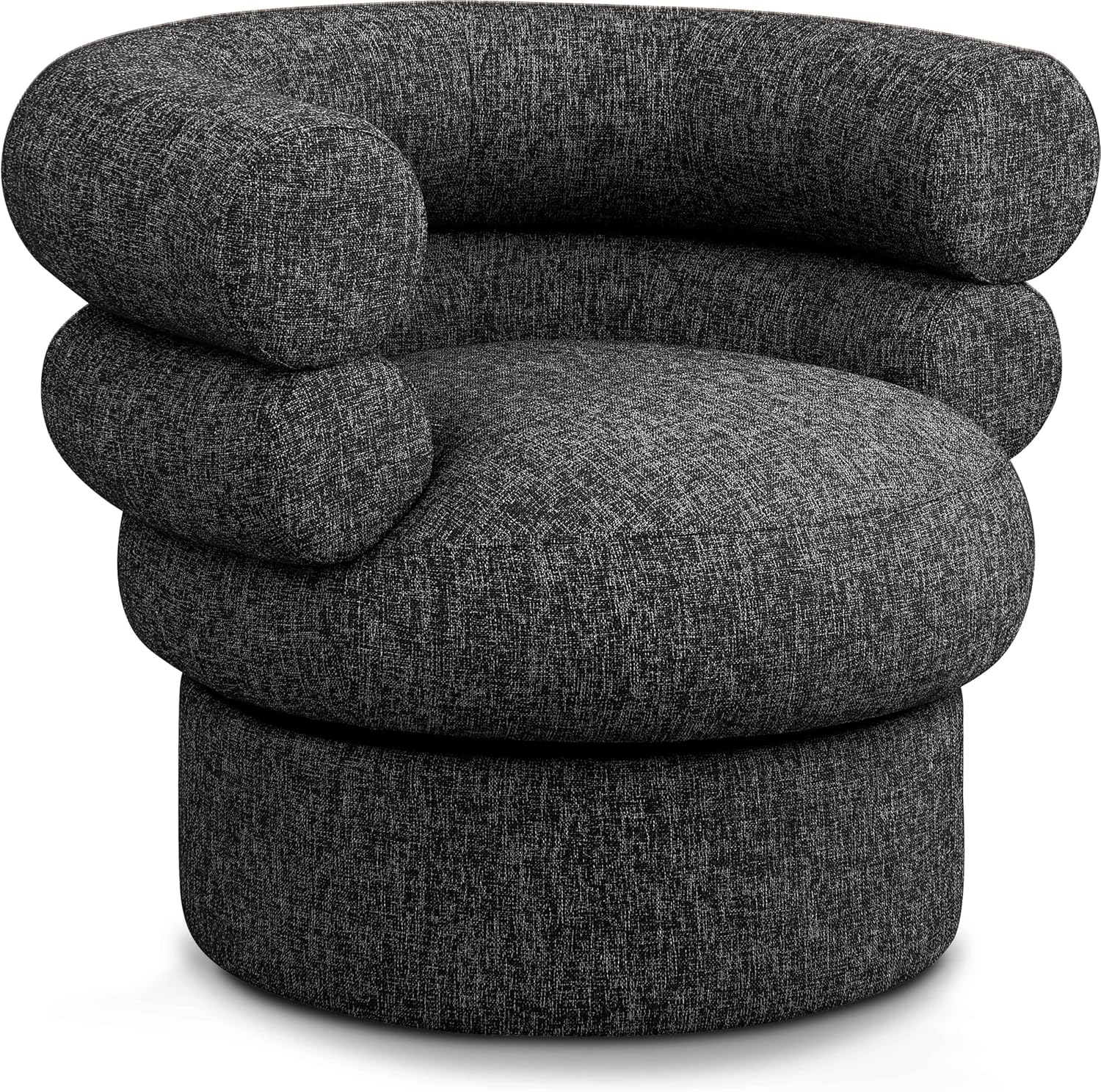 Meridian Furniture 570Black Valentina Collection Modern | Contemporary Swivel Accent Chair with Rich Black Linen Textured Fabric with White Weave, Deep Channel Tufting, 34" W x 31" D x 28" H, Black