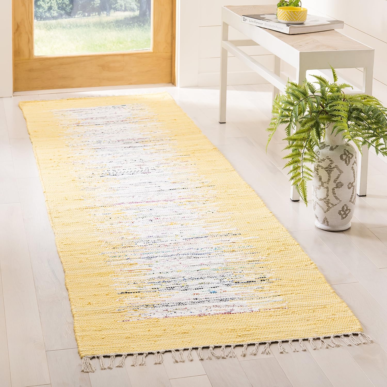 SAFAVIEH Montauk Collection Runner Rug - 2'3" x 9', Ivory & Yellow, Handmade Stripe Fringe Cotton, Ideal for High Traffic Areas in Living Room, Bedroom (MTK711Q)