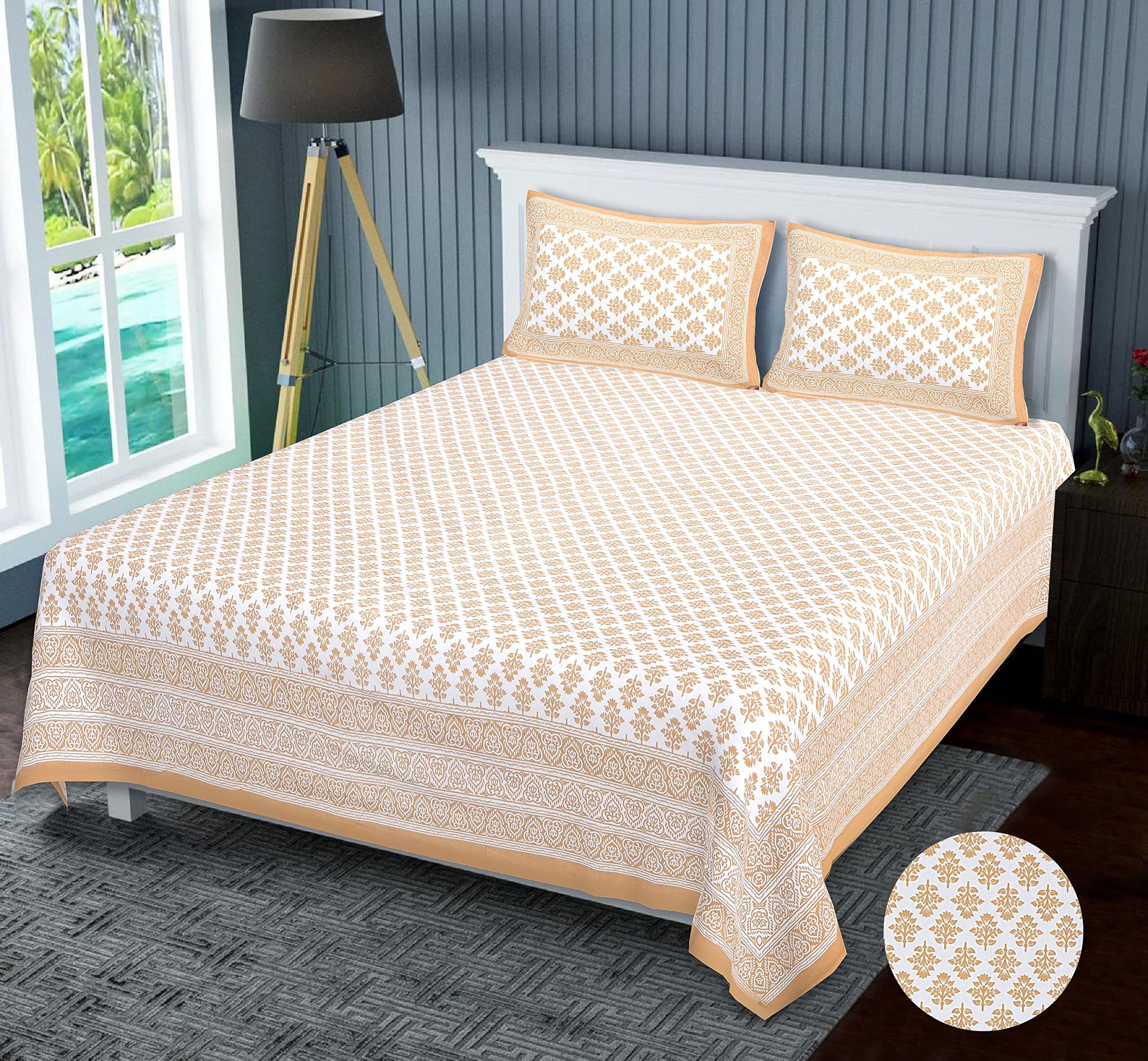 Ratan Crafts Cotton 200 TC King Size Bed-Sheet with 2 Pillow Covers |Wedding Gift Traditional Flat Sheet for Living Room Jaipuri Print | Yellow, 228x274 cm
