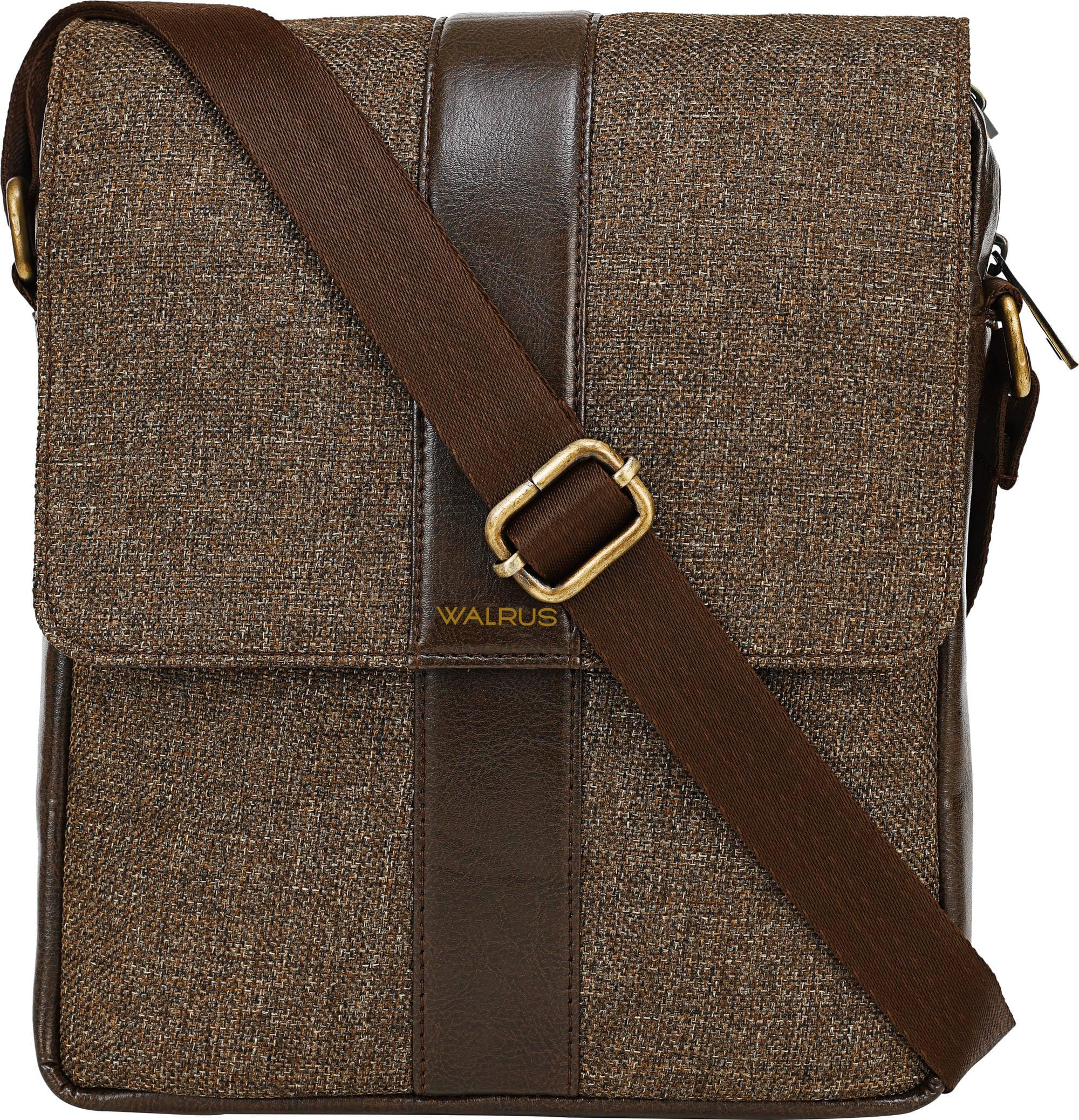 Fusion Series Brown Jute Fabric & Vegan Leather - Adjustable Strap, Sling Cross Body Travel Office Messenger One Side Shoulder Bag for Men-image-18