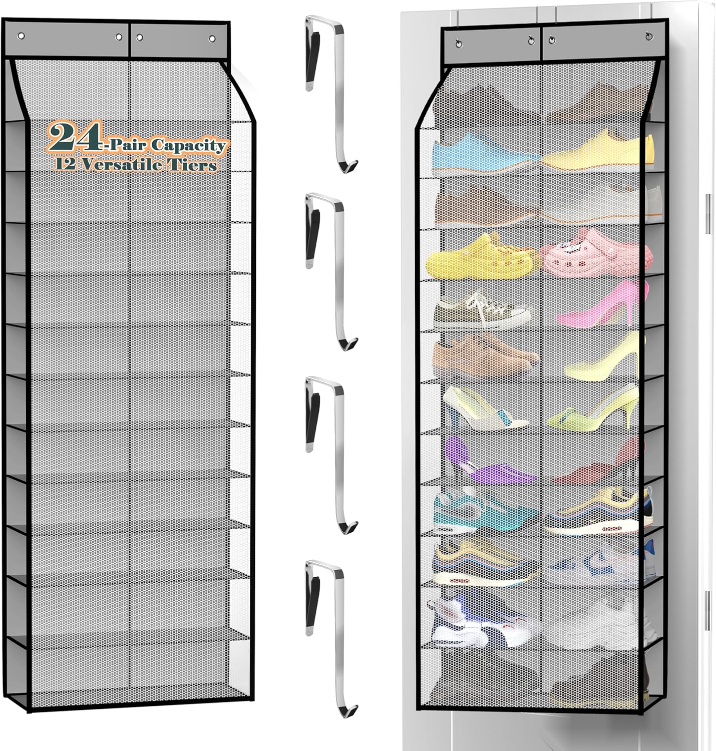 Kotkn 24-Pair Over Door Shoe Organizer for Family & Kids, Double Sided | Hanging Storage for Sneakers, Boots, Toys & Room Organization-Graphite Gray