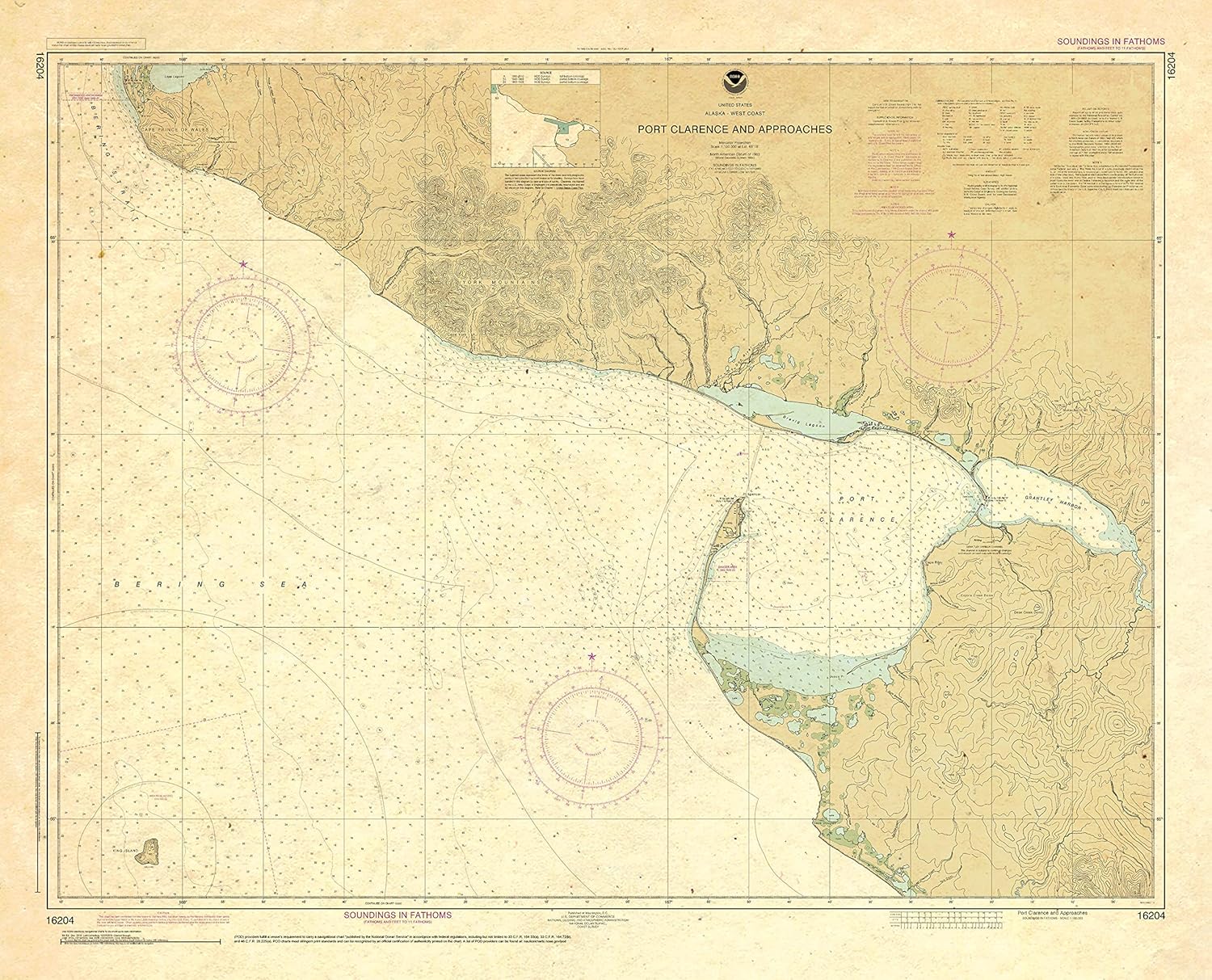 Paradise Cay Publications Antiqued NOAA Chart 16204: Port Clarence and approaches