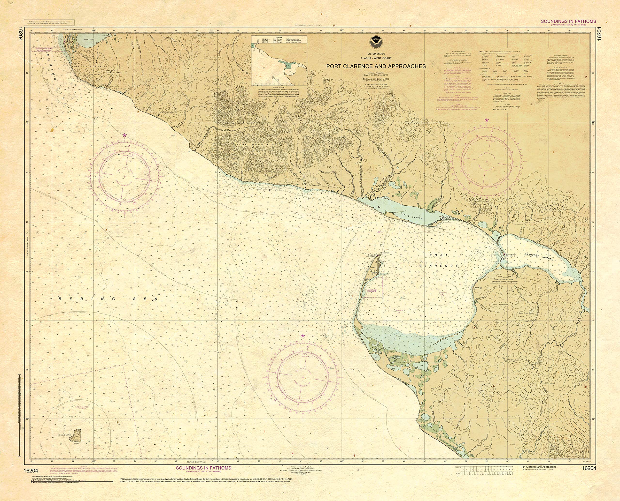 Paradise Cay Publications Antiqued NOAA Chart 16204: Port Clarence and approaches