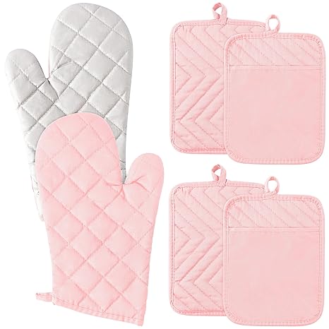GROBRO7 6Pcs Cotton Oven Mitts and Pot Holders Set Heat Resistant Hot Pads Durable Pocket Pot Holder Machine Washable BBQ Gloves with Hanging Loop for Safe Kitchen Baking Cooking Grilling Pink