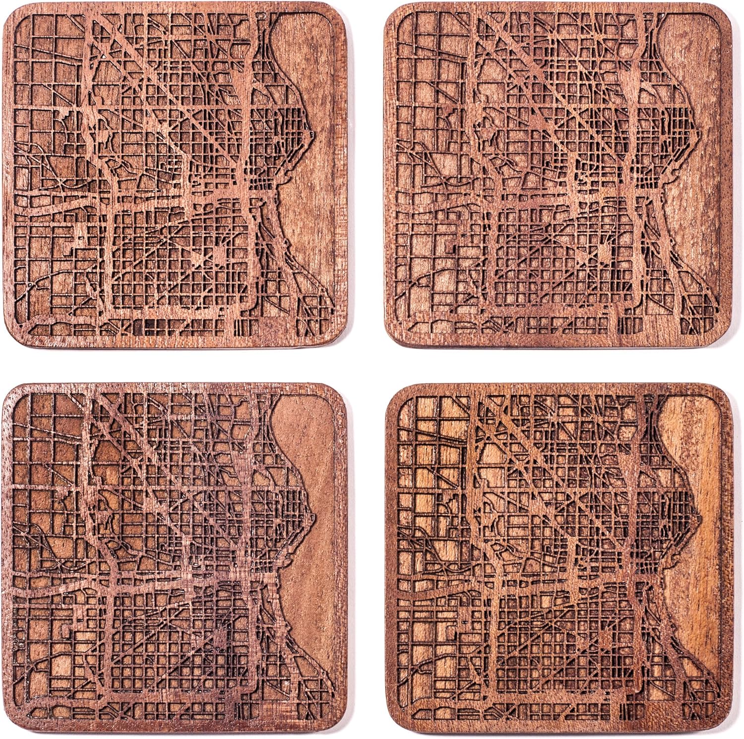 Milwaukee Map Coaster by O3 Design Studio, Set Of 4, Sapele Wooden Coaster With City Map, Handmade