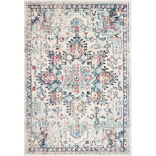 SAFAVIEH Madison Collection Area Rug - 2'2" x 4', Cream & Blue, Boho Chic Distressed Medallion Design, Non-Shedding & Easy to Clean, Ideal for Ideal for Front Door, Kitchen, Entryway, Foyer (MAD473B)