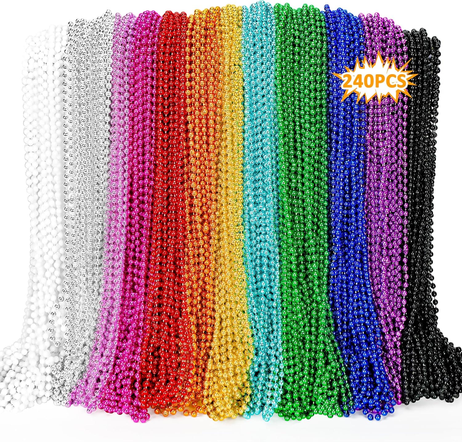 240PCS Mardi Gras Beads, Metallic 12 Kinds Beaded Necklace Accessories, 33" Mardi Gras Necklace Bulk Accessories Stuff, Festival Parade Throw for Wedding Birthday Mardi Gras Celebrations Decorations