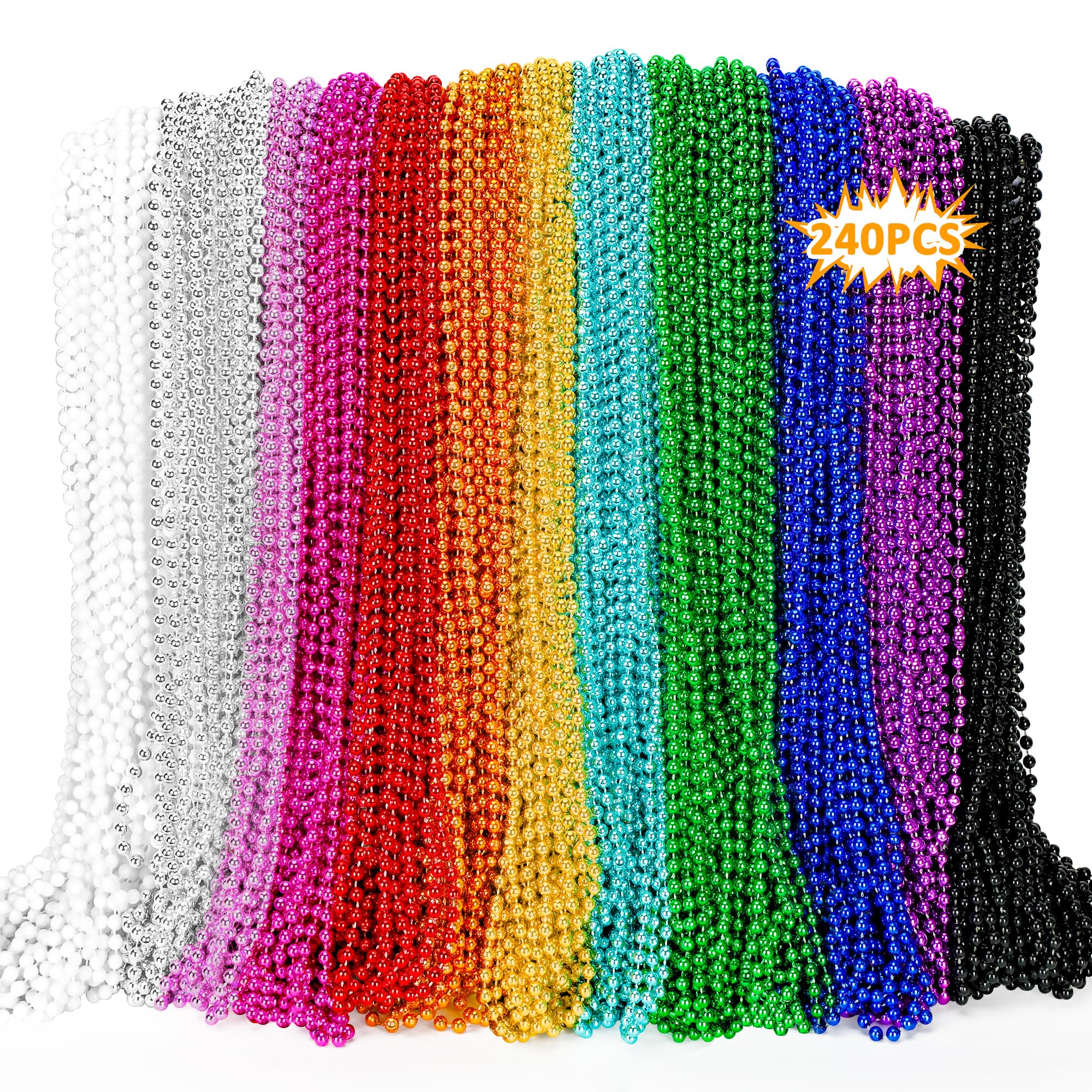 240PCS Mardi Gras Beads, Metallic 12 Kinds Beaded Necklace Accessories, 33" Mardi Gras Necklace Bulk Accessories Stuff, Festival Parade Throw for Wedding Birthday Mardi Gras Celebrations Decorations 12 Colors