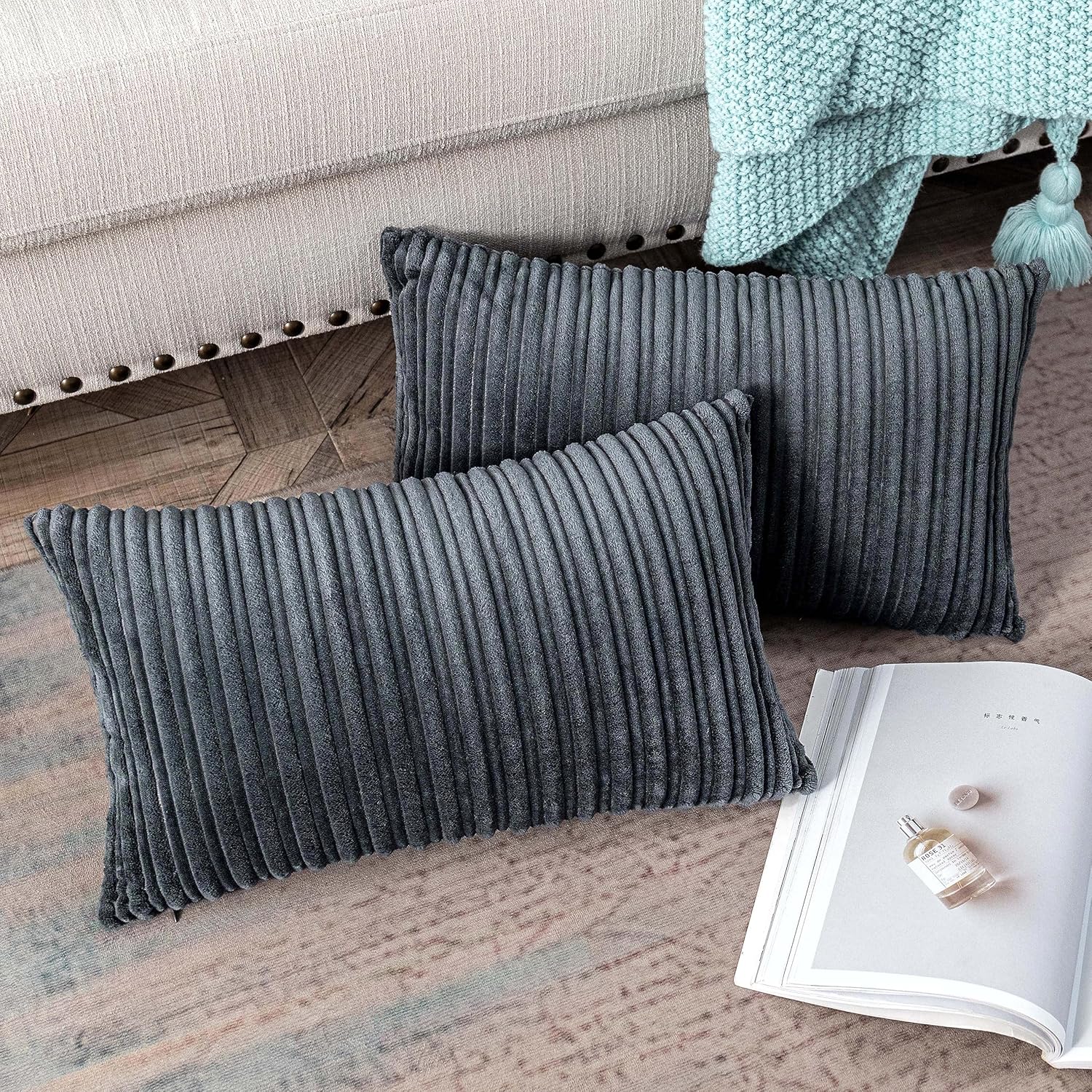 UGASA Velvet Pillow Covers Striped Decorative Throw Pillow Cover Cushion Case with Hidden Zipper for Home Couch/Bedroom/Car, Soft Cozy Solid Oblong, 1 Piece (12"x20", Dark Grey) - Image 7