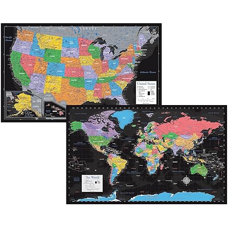 2-Pack Laminated World & US Maps [Black]