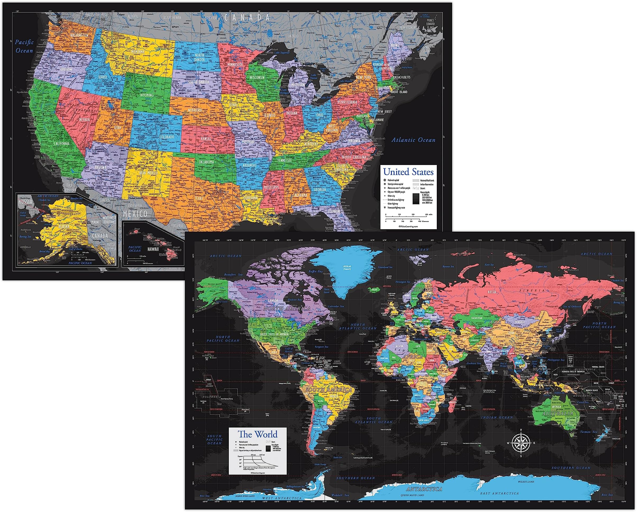 Palace Learning Laminated World Map & US Map Poster Set - 18" x 29" - Wall Chart Maps of the World & United States - Made in the USA (LAMINATED) (Black)