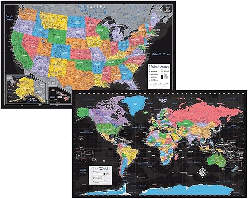 Paquete de 2 pósteres laminados de mapa del mundo y mapa de Estados Unidos, mapa de pared del mundo y Estados Unidos, fabricado en los Estados