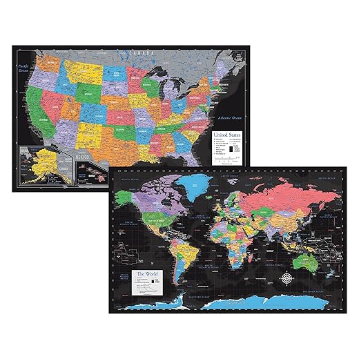 2 Pack - Laminated World Map & US Map Poster Set - Wall Chart Map of the World & United States - Made in the USA [Black]