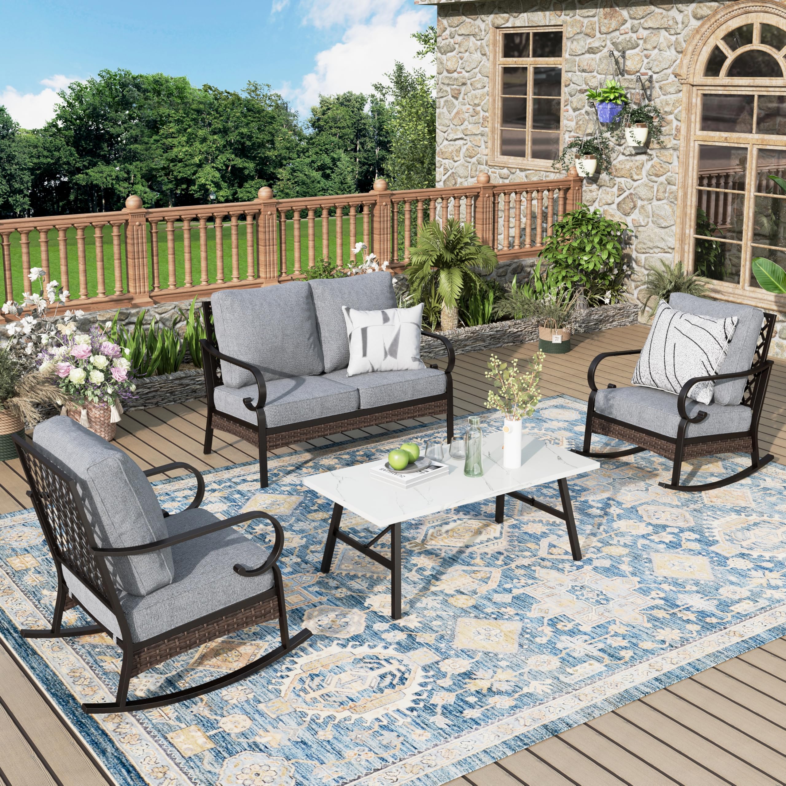 Patio Furniture Set with Coffee Table Outdoor Conversation Set with 2 x Rocking Chair 1 x 2-Seat Sofa