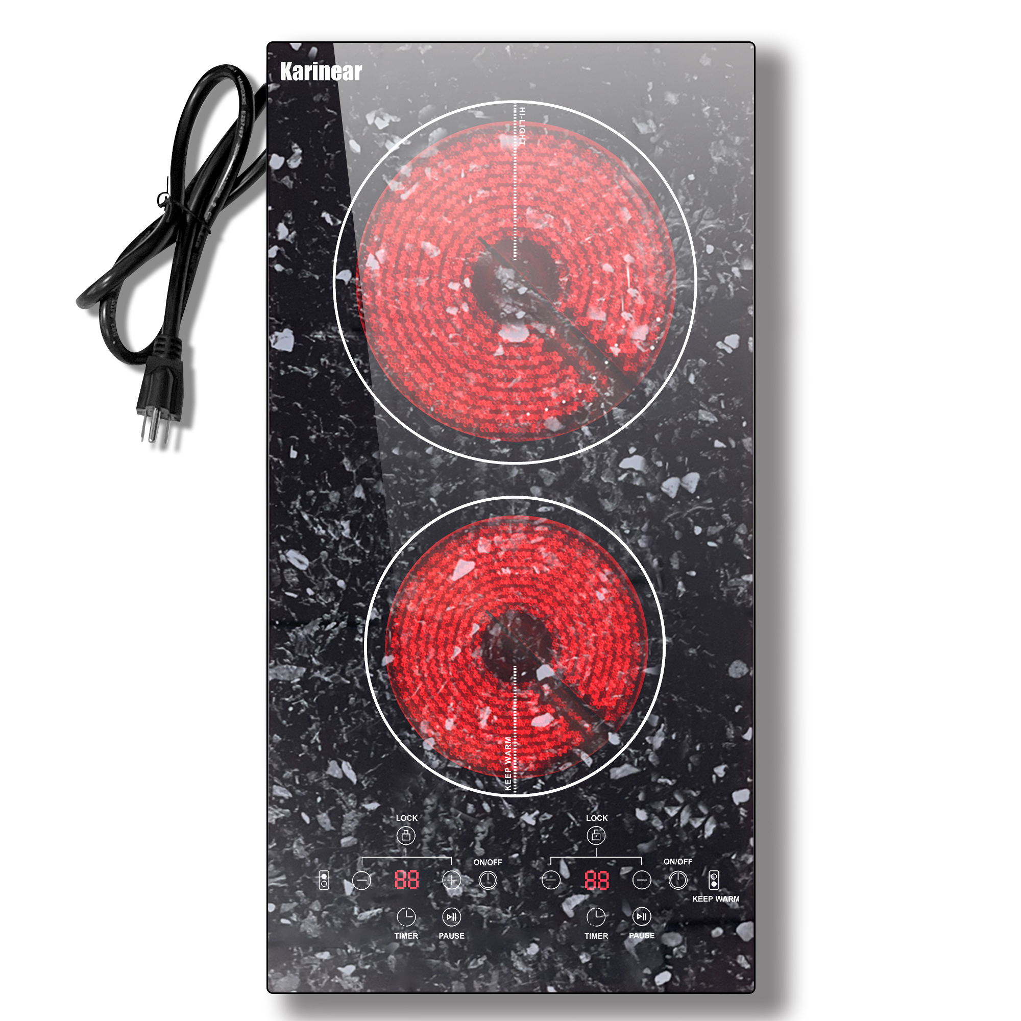 Image of Karinear Portable Electric Cooktop 2 Burners, 110v Plug in Electric Stove Top, Countertop Use or Built-in Install, 12'' Ceramic Cooktop with Beautiful Marble Patterned