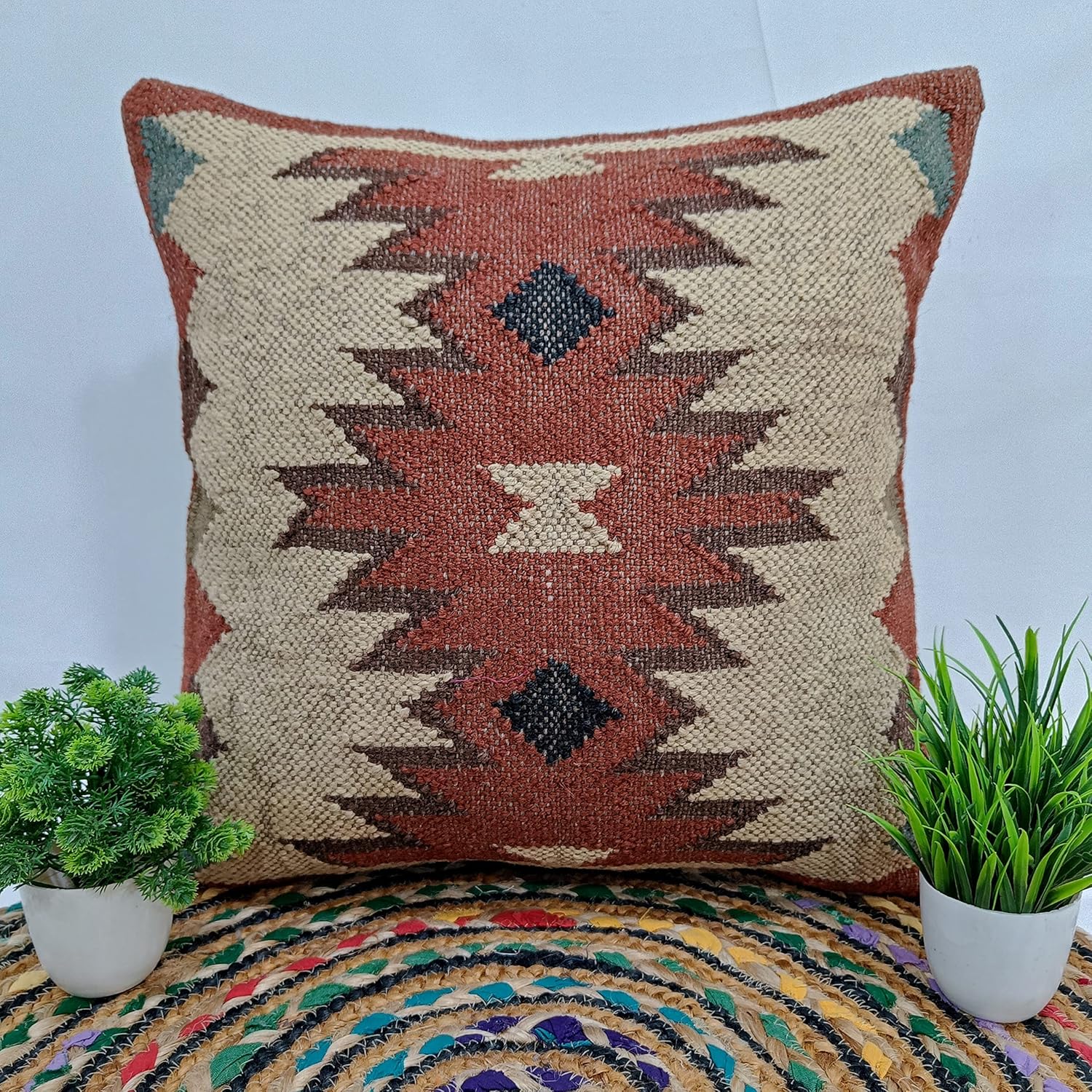 Trade Star Authentic Rug Cushion Case 70% Jute 30% Wool Kilim Pillow Cover Vintage Sofa Pillow Case Ethnic Square Cushions Boho Home Decor Pillows for Living Room Handwoven Cushion Cover