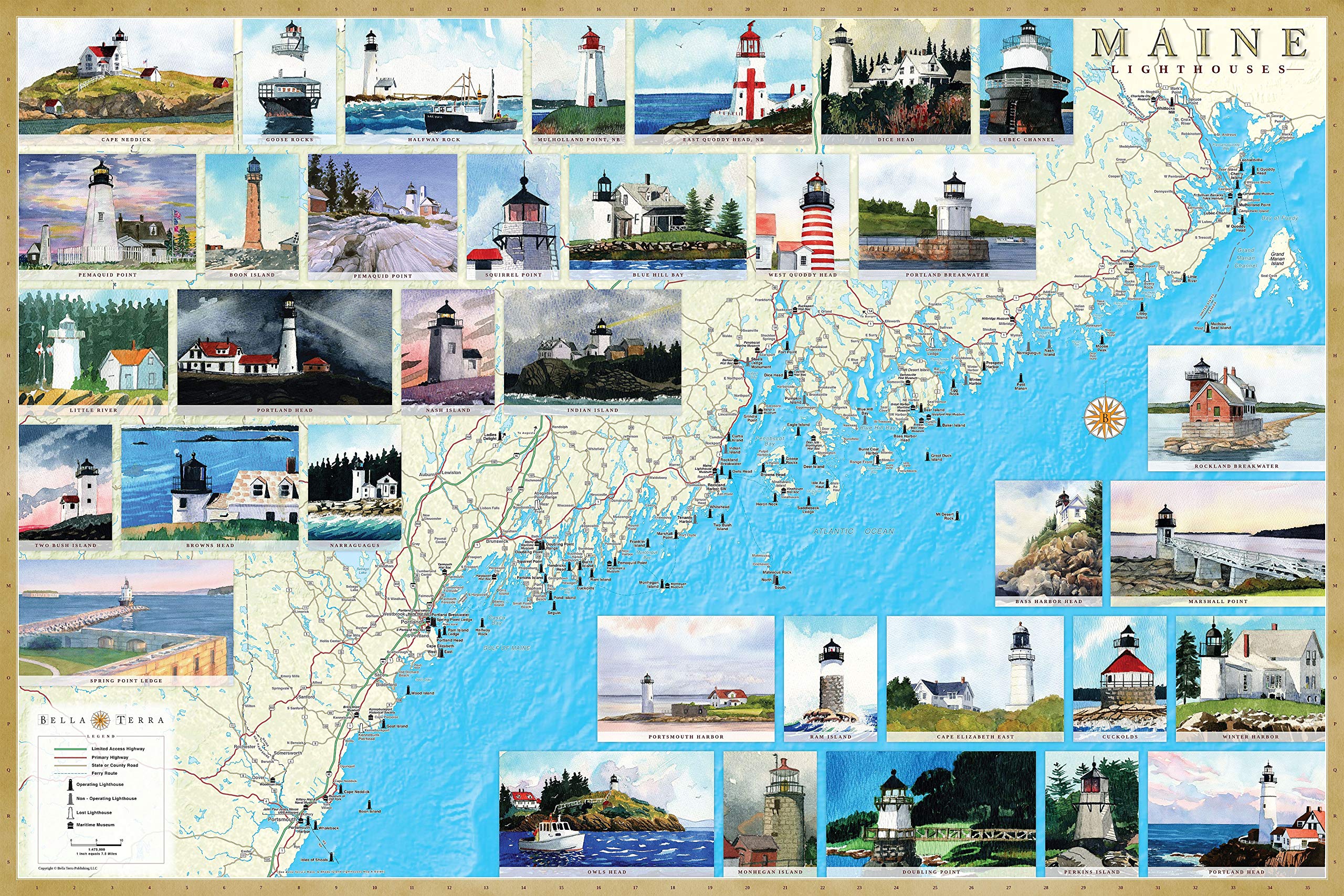 Maine Lighthouses Illustrated Map Laminated Poster Bella Stander A1Ra7aZ6lcL 